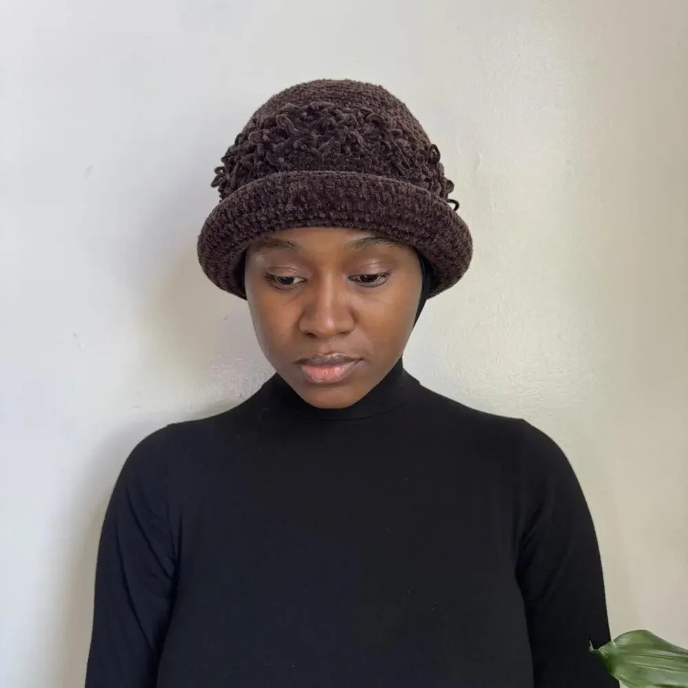 Vintage‎ Chocolate Brown Loopy Knit Cloche Chunky Teddy Bucket Hat